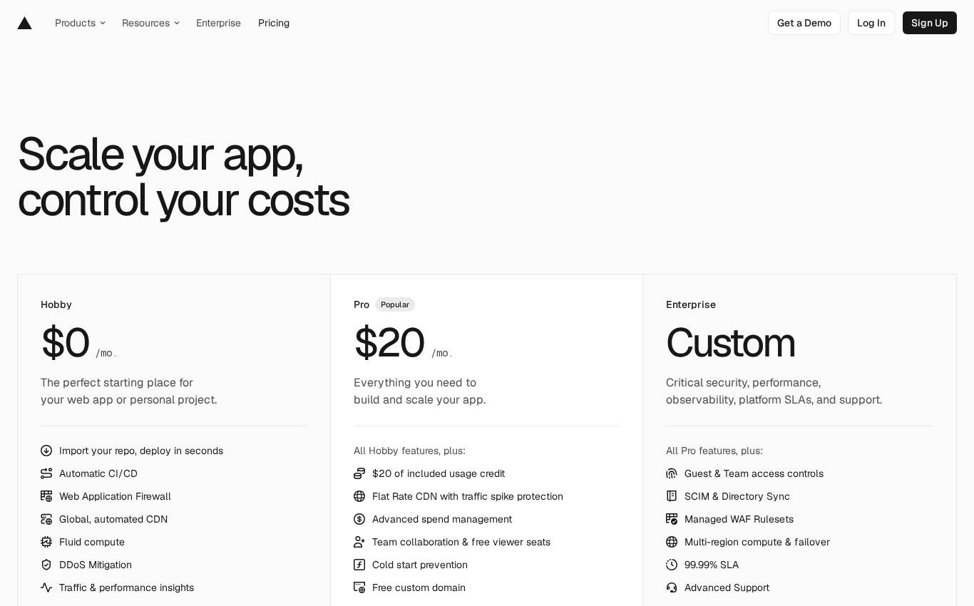 vercel.com/pricing en escritorio, tal como lo vio la auditoría
