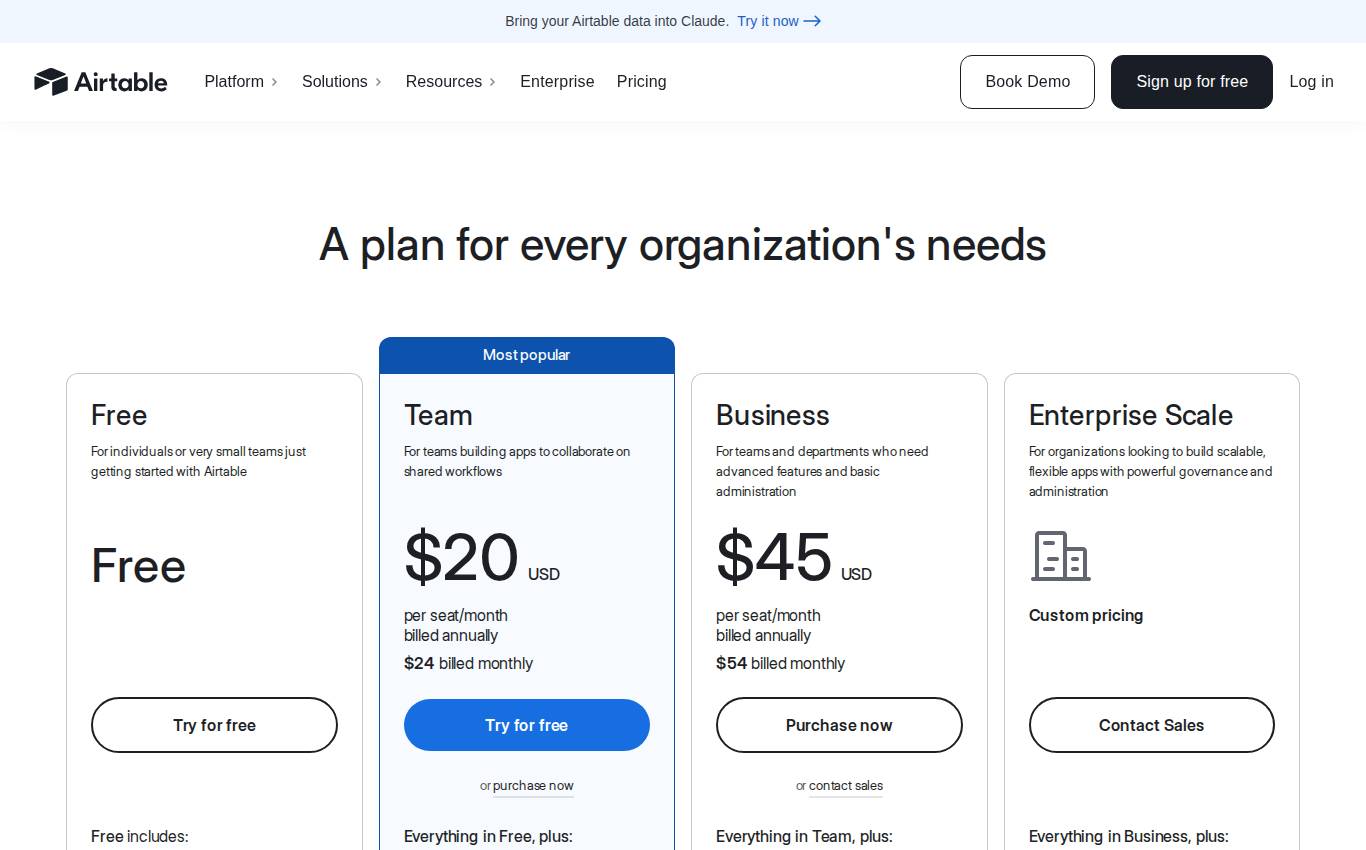 airtable.com/pricing en escritorio, tal como lo vio la auditoría