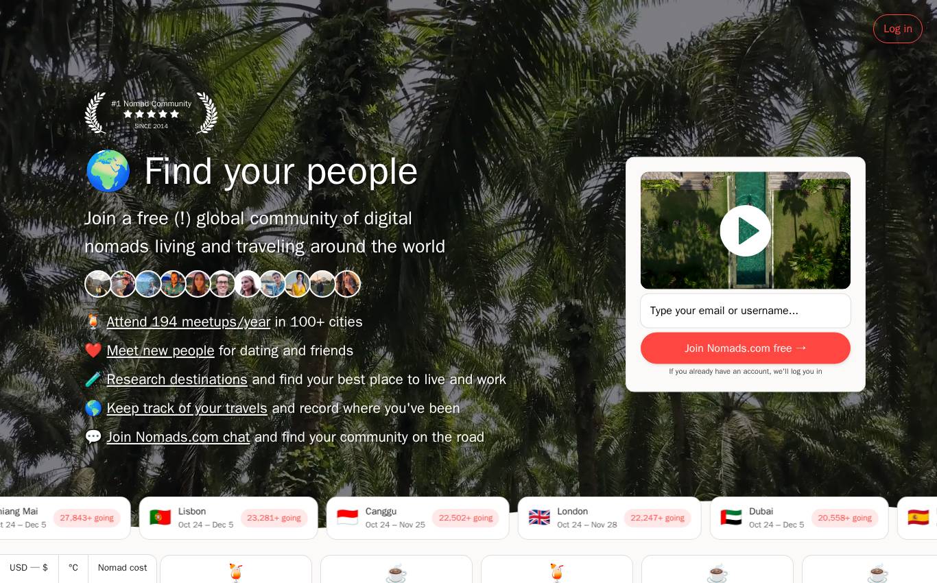 nomadlist.com en escritorio, tal como la auditoría la vio