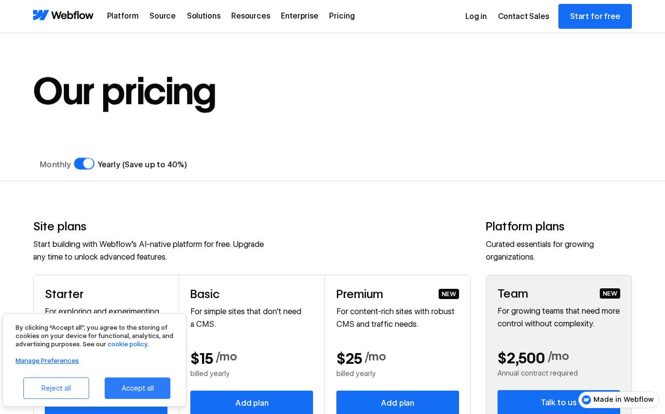 webflow.com/pricing en escritorio, tal como lo vio la auditoría