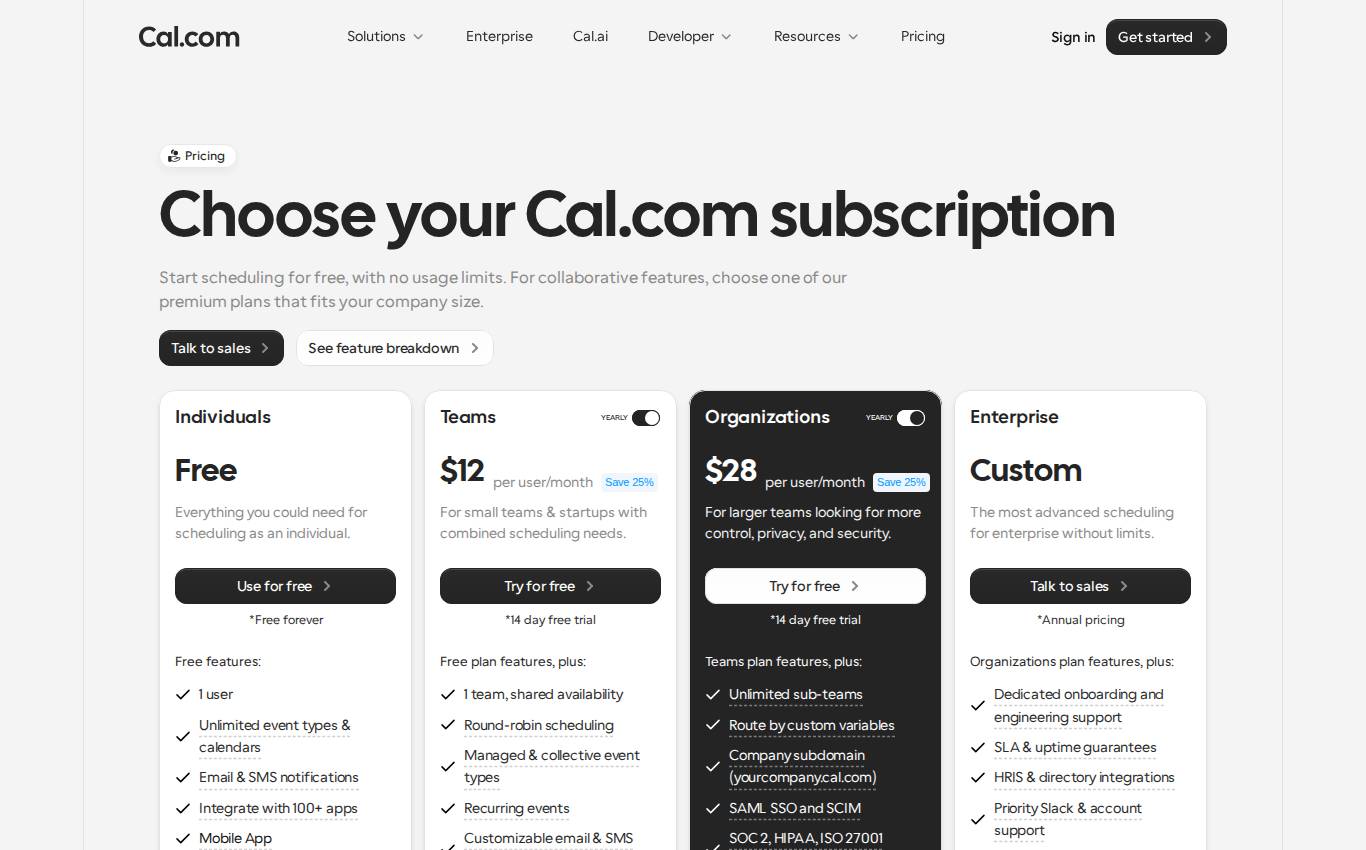 cal.com/pricing en escritorio, tal como lo vio la auditoría