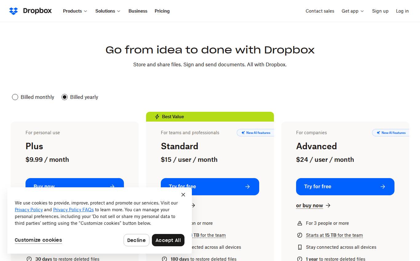 dropbox.com/plans no computador, como a auditoria viu