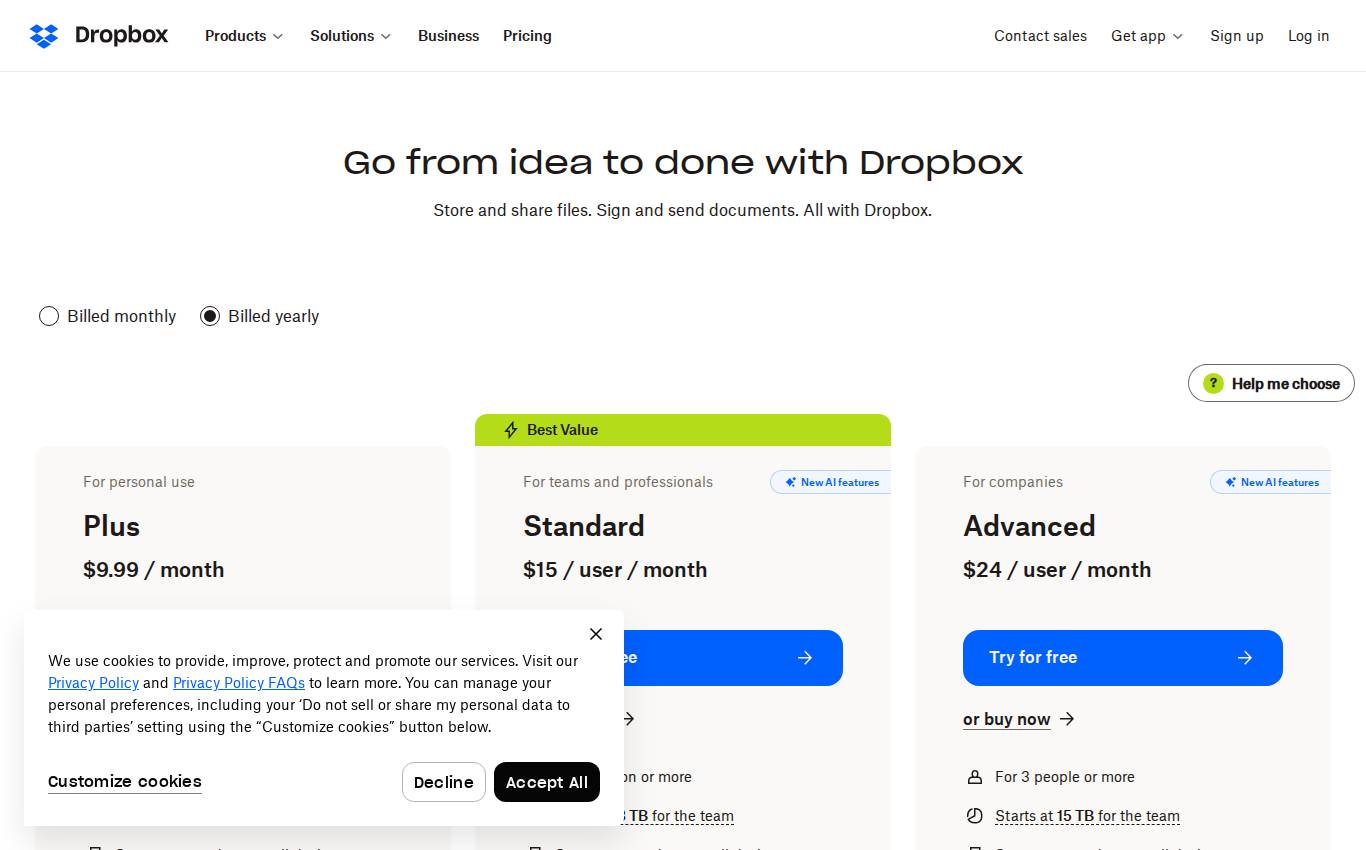 dropbox.com/plans en escritorio, tal como lo vio la auditoría