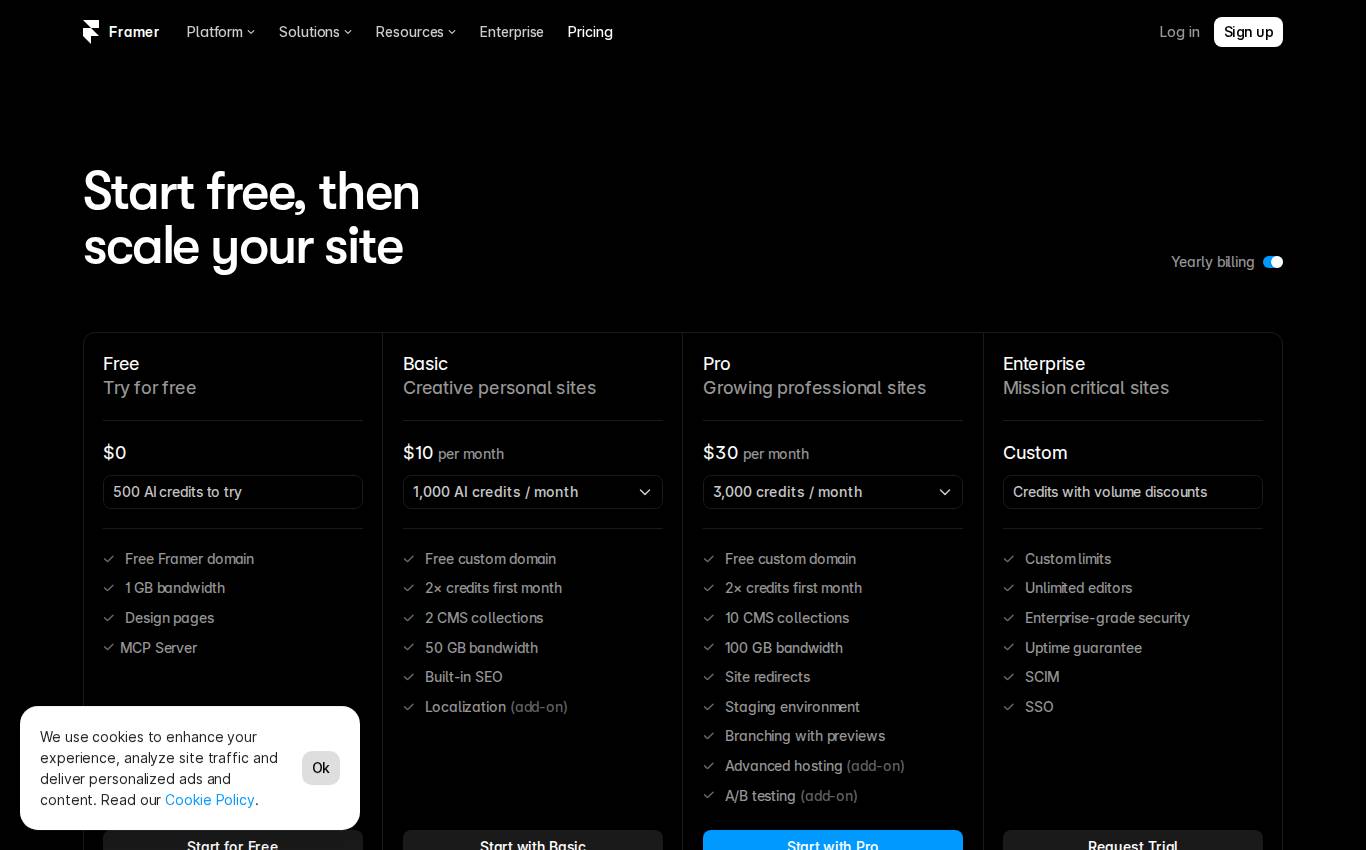 framer.com/pricing en escritorio, tal como lo vio la auditoría